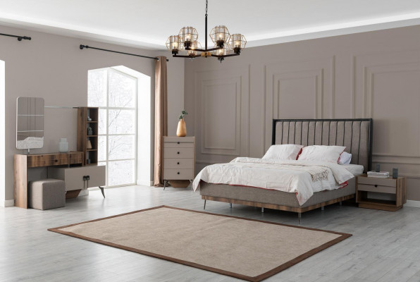 Gray bedroom set double bed 2x nightstands wood dressing table