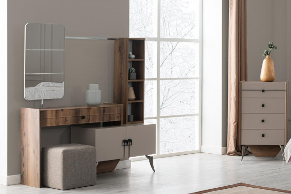 Gray bedroom set double bed 2x nightstands wood dressing table
