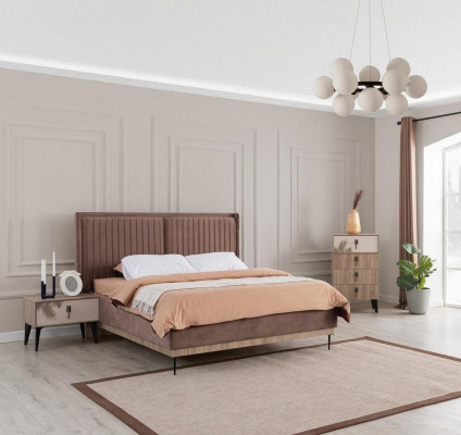 Brown bedroom set upholstered double bed 2x nightstands wood dresser