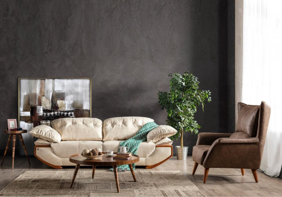 White-brown living room sofa set designer three-seater luxury armchair