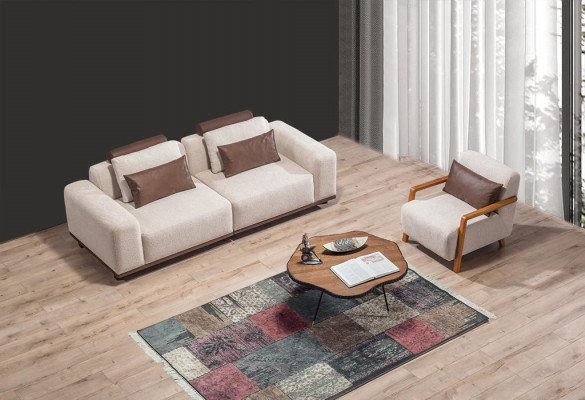 Beige living room sofa set exclusive 2-seater textile armchair upholstered furniture