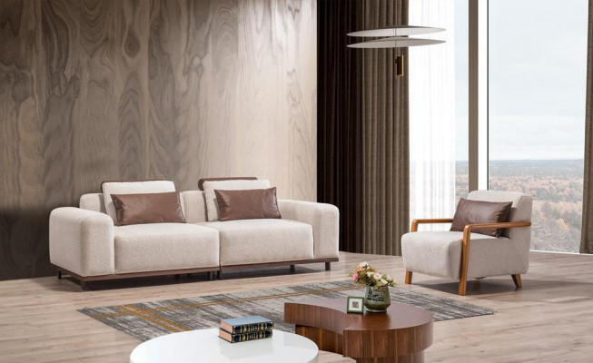 Beige living room sofa set exclusive 2-seater textile armchair upholstered furniture
