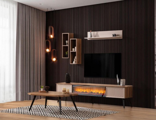 Stylish Living Room Wall Unit Designer Wood Coffee Table 2x Shelves
