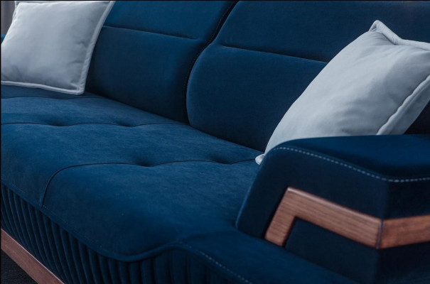 Dark blue sofa living room 3-seater textile couch designer three-seater