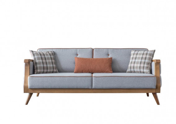 Blue fabric sofa, living room, three-seater, upholstery, furniture, wooden frame, couch