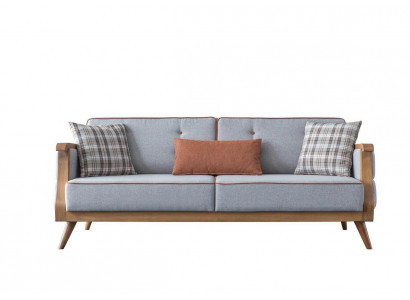 Blue fabric sofa, living room, three-seater, upholstery, furniture, wooden frame, couch