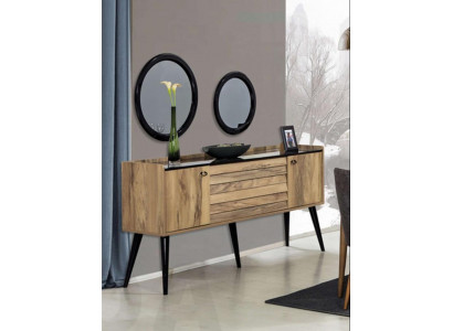 Designer dining room furniture set, light brown wood sideboard, glass mirror.