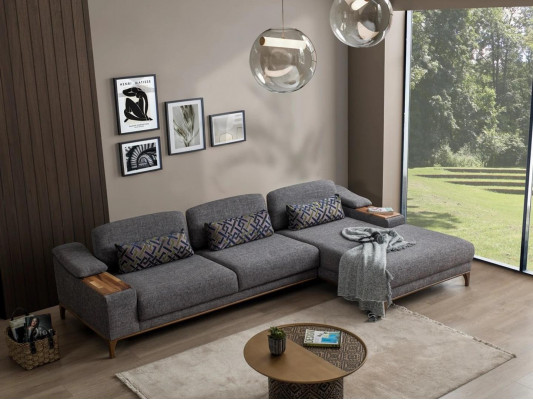 Living Room Luxury Gray Corner Sofa L Shape Upholstered Furniture Textile Set Modern Design