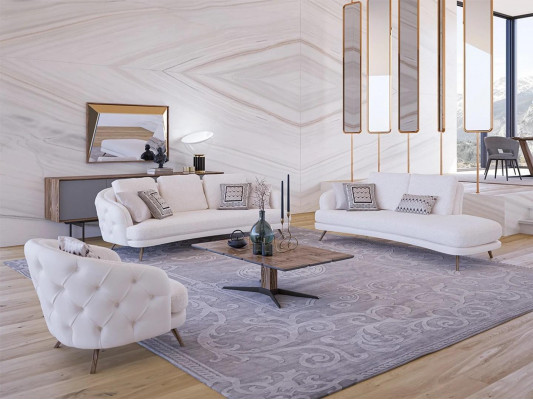 White Upholstered Living Room Set 4-piece Modern 2x Three-Seater Sofa Design Armchair