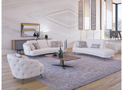 White Upholstered Living Room Set 4-piece Modern 2x Three-Seater Sofa Design Armchair