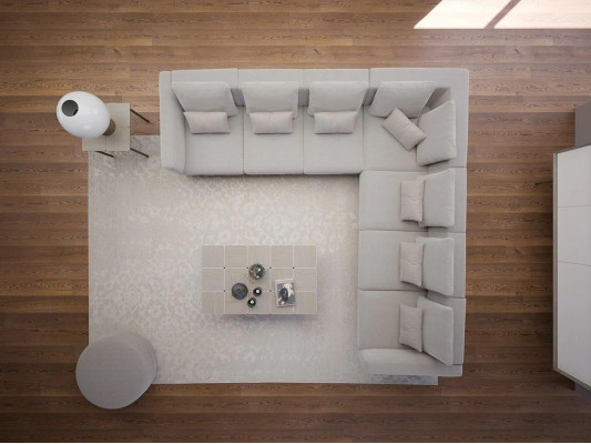 Living room gray sofa couch upholstered furniture new wood coffee table