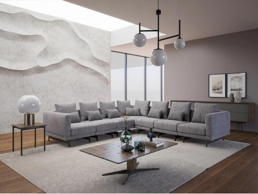 New Complete Furniture Corner Sofa L-Shape Textile Furniture Living Room Wood Coffee Table