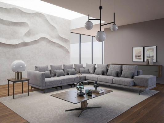 Luxury living room set textile upholstered sofa L-shape wood coffee table with side table