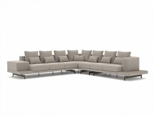 Living room gray upholstered corner sofa L-shape design coffee table side table