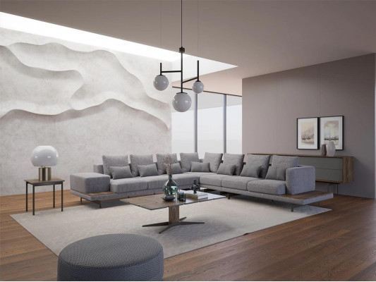 Living Room Set 3-piece Gray Corner Sofa L-Shape Wood Coffee Table Designer Side Table