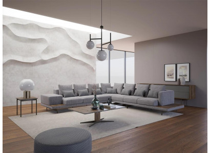 Living Room Set 3-piece Gray Corner Sofa L-Shape Wood Coffee Table Designer Side Table