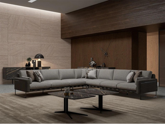 Gray upholstered corner sofa L-shape living room set furnishing coffee table