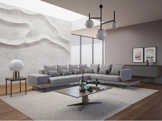 Luxury gray upholstered corner sofa, wood coffee table with side table living room