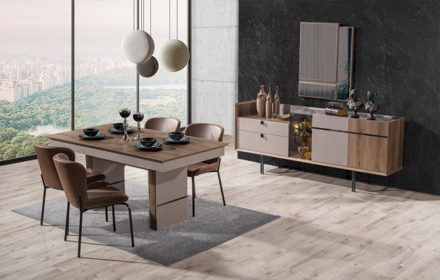 Modern dining room set: dining table, 4 chairs, and sideboard with mirror, 7-piece set.
