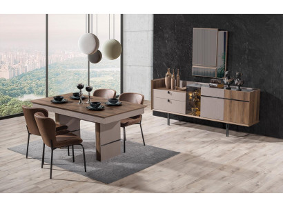 Modern dining room set: dining table, 4 chairs, and sideboard with mirror, 7-piece set.