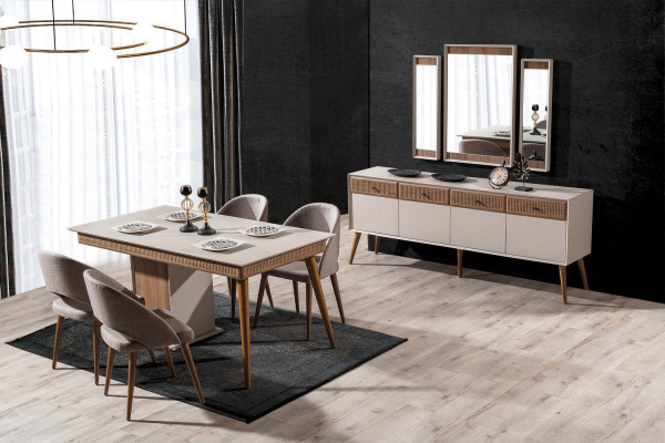 Design 9-piece dining room set: dining table and 4 chairs, sideboard with 3 mirrors