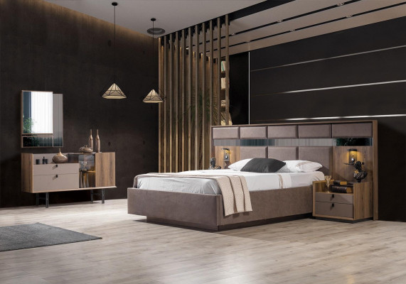 Modern bedroom set: perfect bed, 2x nightstands, and dressing table