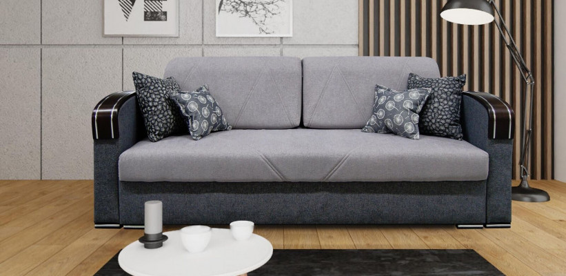 Luxury design sofa, 3-seater furniture, upholstery, gray fabric, wooden furniture, sleeper sofa, new.