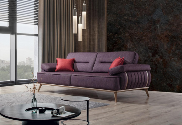 Luxurious 3-seater sofa, purple color, modern furniture in living room novelty.