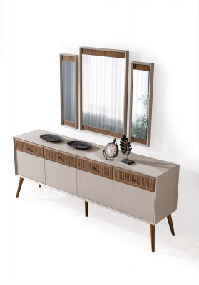 Novelty in the dining room modern set consists of a sideboard and 3 mirrors.