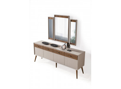 Novelty in the dining room modern set consists of a sideboard and 3 mirrors.