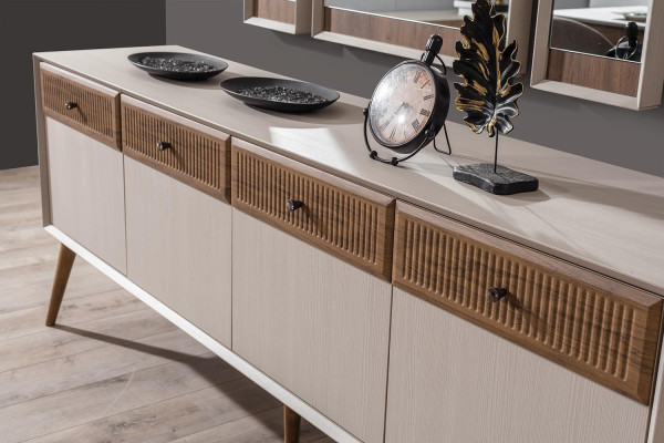 Novelty in the dining room modern set consists of a sideboard and 3 mirrors.