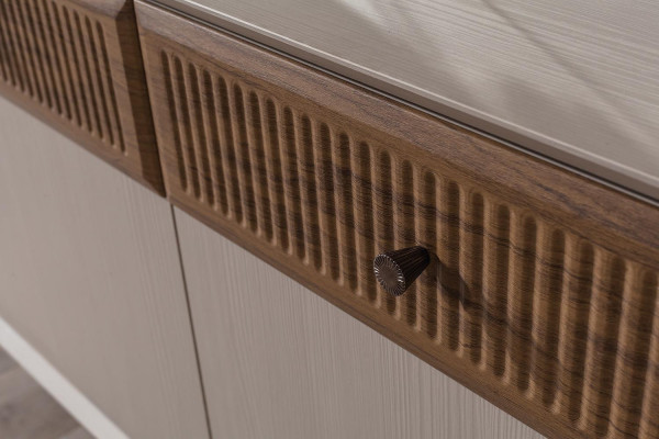 Novelty in the dining room modern set consists of a sideboard and 3 mirrors.