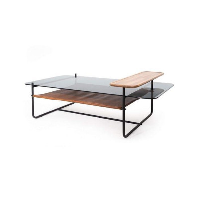 Stylish coffee table with glass top, brown color, modern furniture for living room