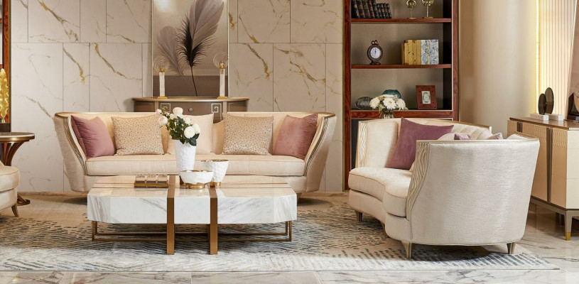 Living room design set luxury seating upholstery solid wood