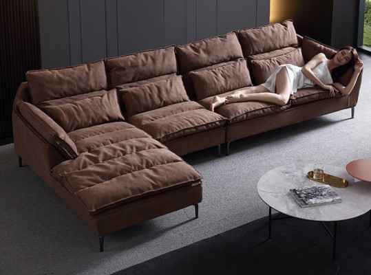 Living room design corner textile leather brown luxury sofa couch upholstery L-shape new