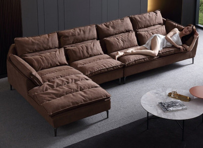 Living room design corner textile leather brown luxury sofa couch upholstery L-shape new