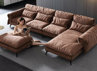 L-shaped living area, modern brown design, sofas, corner sofa upholstery.