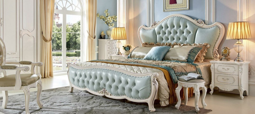 Classic Designer Baroque Bedroom Set Bed 2x Nightstands 3 pcs. Solid Wood