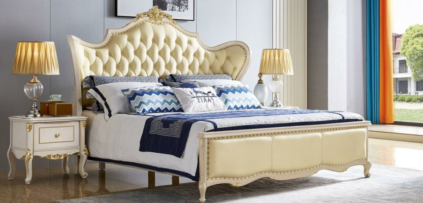 Bed luxury double beds upholstered bed solid wood leather bedroom Chesterfield