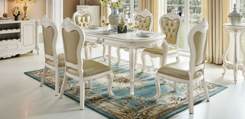 Classic white-beige x4 Chesterfield chairs dining room set solid wood ensemble