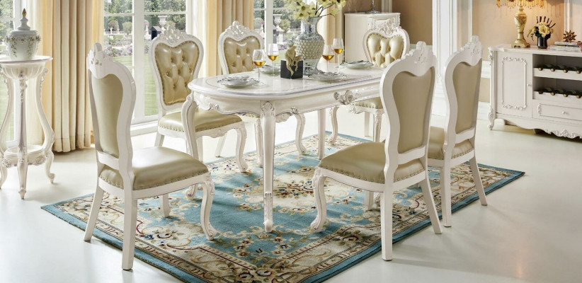 Classic white-beige x4 Chesterfield chairs dining room set solid wood ensemble