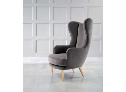 Wing chair, armchair, club chair, cocktail chair, luxury seat, gray seat, living room.