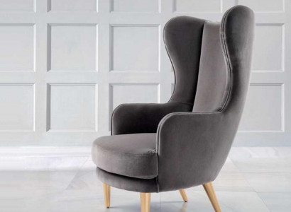 Wing chair, armchair, club chair, cocktail chair, luxury seat, gray seat, living room.