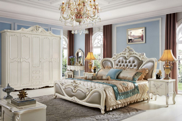 Classic bedroom set 6-piece. Bed with 2 nightstands luxury complete solid wood