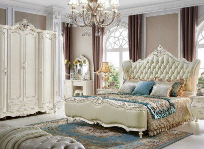 Classic bedroom set, 6 pieces. Bed with 2 bedside tables, luxury complete solid wood.