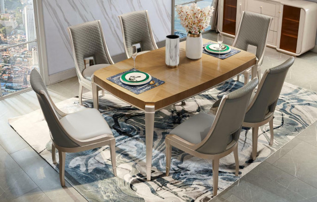 Dining set table 4x chairs dining room set table solid wood leather 5-piece
