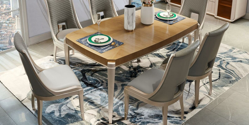 Dining set table 4x chairs dining room set table solid wood leather 5-piece