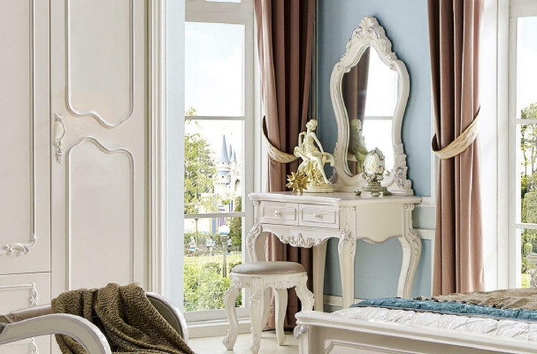 Bed Nightstand Wardrobe 6-piece Bedroom Set Stool Baroque Solid Wood