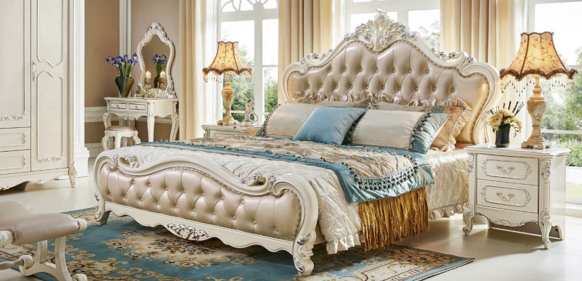 Baroque Rococo Bedroom Set Bed Nightstand Wardrobe 6 pieces Solid Wood