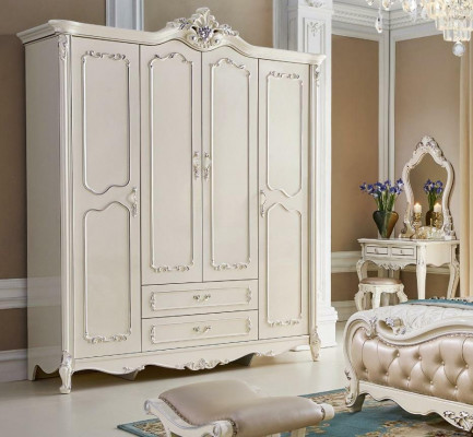 Baroque Rococo Bedroom Set Bed Nightstand Wardrobe 6 pieces Solid Wood